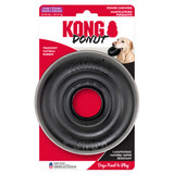 Black circular natural rubber ring dog toy with textured surface. Shown in its retail packaging.