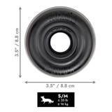 Black circular natural rubber ring dog toy with textured surface. Shown with product dimensions