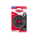 Black circular natural rubber ring dog toy with textured surface. Shown in its retail packaging.