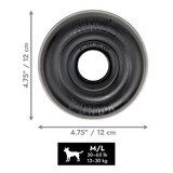 Black circular natural rubber ring dog toy with textured surface. Shown with product dimensions