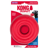 Red circular natural rubber ring dog toy with textured surface. Shown in its retail packaging.