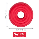 Red circular natural rubber ring dog toy with textured surface. Shown with product dimensions