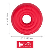 Red circular natural rubber ring dog toy with textured surface. Shown with product dimensions