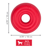 Red circular natural rubber ring dog toy with textured surface. Shown with product dimensions