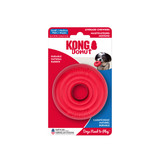 Red circular natural rubber ring dog toy with textured surface. Shown in its retail packaging.