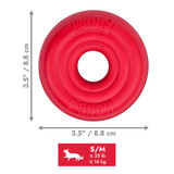 Red circular natural rubber ring dog toy with textured surface. Shown with product dimensions