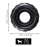 Black tire shaped dog toy with hollowed out center.  Shown with product dimensions