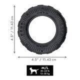 Black tire shaped dog toy with hollowed out center.  Shown with product dimensions
