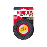 Black tire shaped dog toy with hollowed out center.  Shown in its retail packaging.