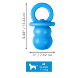 Blue pacifier natural rubber dog toy with smooth surface. Shown with product dimensions