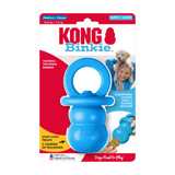 Blue pacifier natural rubber dog toy with smooth surface. Shown in its retail packaging.