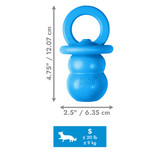 Blue pacifier natural rubber dog toy with smooth surface. Shown with product dimensions