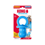 Blue pacifier natural rubber dog toy with smooth surface. Shown in its retail packaging.