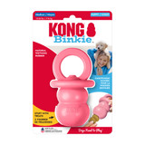 Pink pacifier natural rubber dog toy with smooth surface. Shown in its retail packaging.