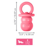 Pink pacifier natural rubber dog toy with smooth surface. Shown with product dimensions