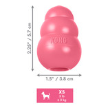 Pink natural rubber KONG shaped dog toy with three tiers and “KONG” embossed. Shown with product dimensions