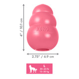 Pink natural rubber KONG shaped dog toy with three tiers and “KONG” embossed. Shown with product dimensions