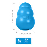 Blue natural rubber KONG shaped dog toy with three tiers and “KONG” embossed. Shown with product dimensions