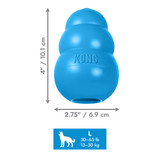 Blue natural rubber KONG shaped dog toy with three tiers and “KONG” embossed. Shown with product dimensions