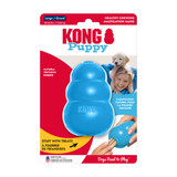 Blue natural rubber KONG shaped dog toy with three tiers and “KONG” embossed. Shown in its retail packaging.