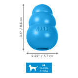 Blue natural rubber KONG shaped dog toy with three tiers and “KONG” embossed. Shown with product dimensions
