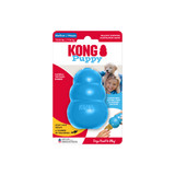 Blue natural rubber KONG shaped dog toy with three tiers and “KONG” embossed. Shown in its retail packaging.
