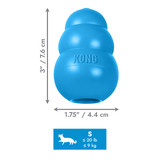Blue natural rubber KONG shaped dog toy with three tiers and “KONG” embossed. Shown with product dimensions