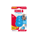 Blue natural rubber KONG shaped dog toy with three tiers and “KONG” embossed. Shown in its retail packaging.