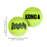Neon green tennis ball dog toy with KONG printed. Shown with product dimensions