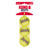 Neon green tennis ball dog toy with KONG printed. Shown in its retail packaging.