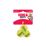 Neon green tennis ball dog toy with KONG printed. Shown in its retail packaging.