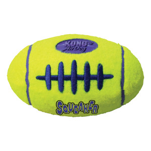 Neo Yellow football-shaped dog toy with purple stripes and purple oval center.