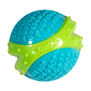 Blue and green ball-shaped dog toy with textured panels.