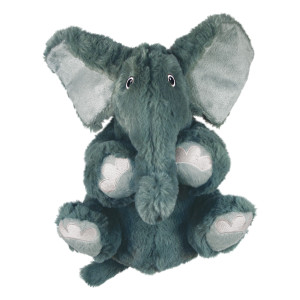 Gray elephant-shaped dog toy with soft fabric texture in seated position.