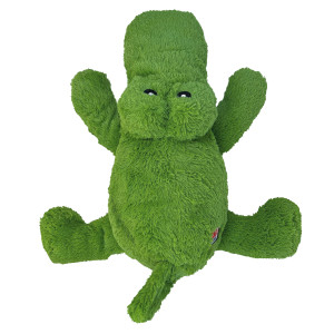 Green alligator-shaped dog toy with soft plush material.