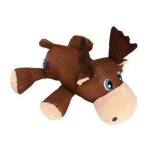 Brown moose plush toy with antlers and tactile texture.