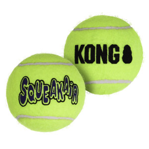 Neon green tennis ball dog toy with KONG printed.