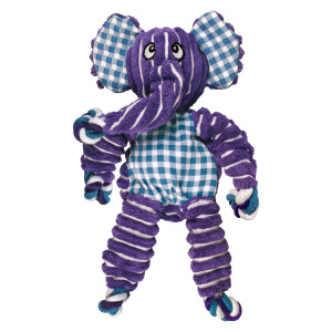 Purple and blue striped elephant shaped plush toy with extended limbs.