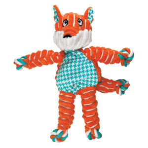 Orange and blue striped fox shaped plush toy with floppy limbs.