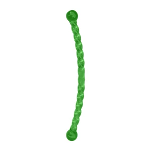 Green twisted hard dog toy with balled handle.