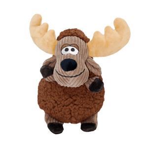 Plush moose dog toy with antlers and soft rounded brown body.