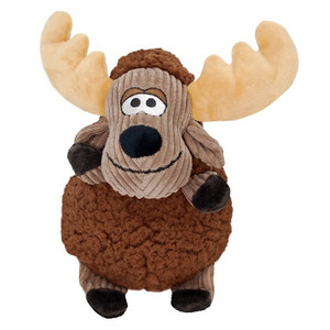 Plush moose dog toy with antlers and soft rounded brown body.