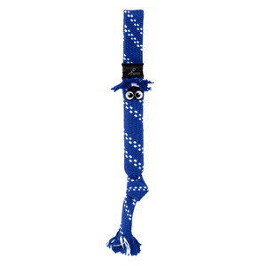 Orange and yellow twisted rope dog toy featuring a playful figures face.