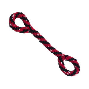 Red and black rope dog toy with twisted design and knotted ends.