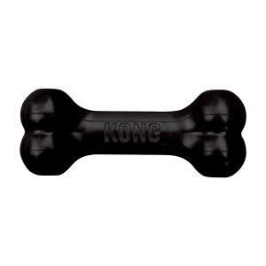 Black bone-shaped dog toy with textured ends.