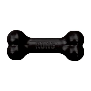 Black bone-shaped dog toy with textured ends.