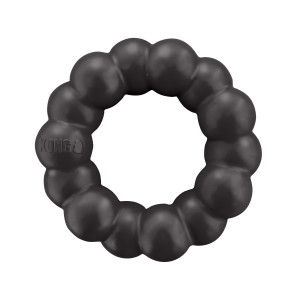 Black ring shaped dog toy with rounded texture all the way around.