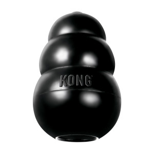 Black natural rubber KONG shaped dog toy with three tiers and “KONG” embossed.