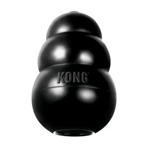 Black natural rubber KONG shaped dog toy with three tiers and “KONG” embossed.