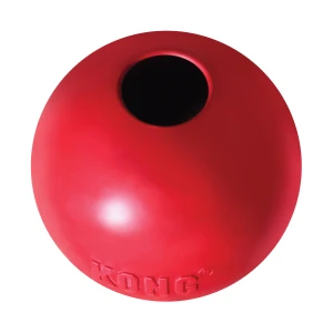 Red natural rubber ball-shaped dog toy with a hole in the center.